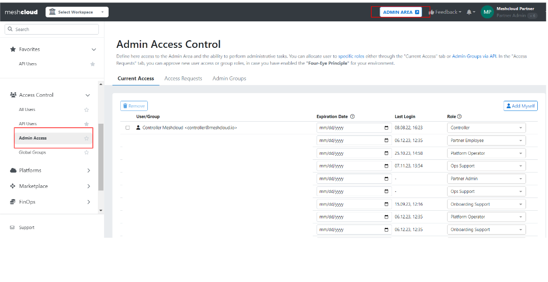 Select Admin Area in the top navigation bar