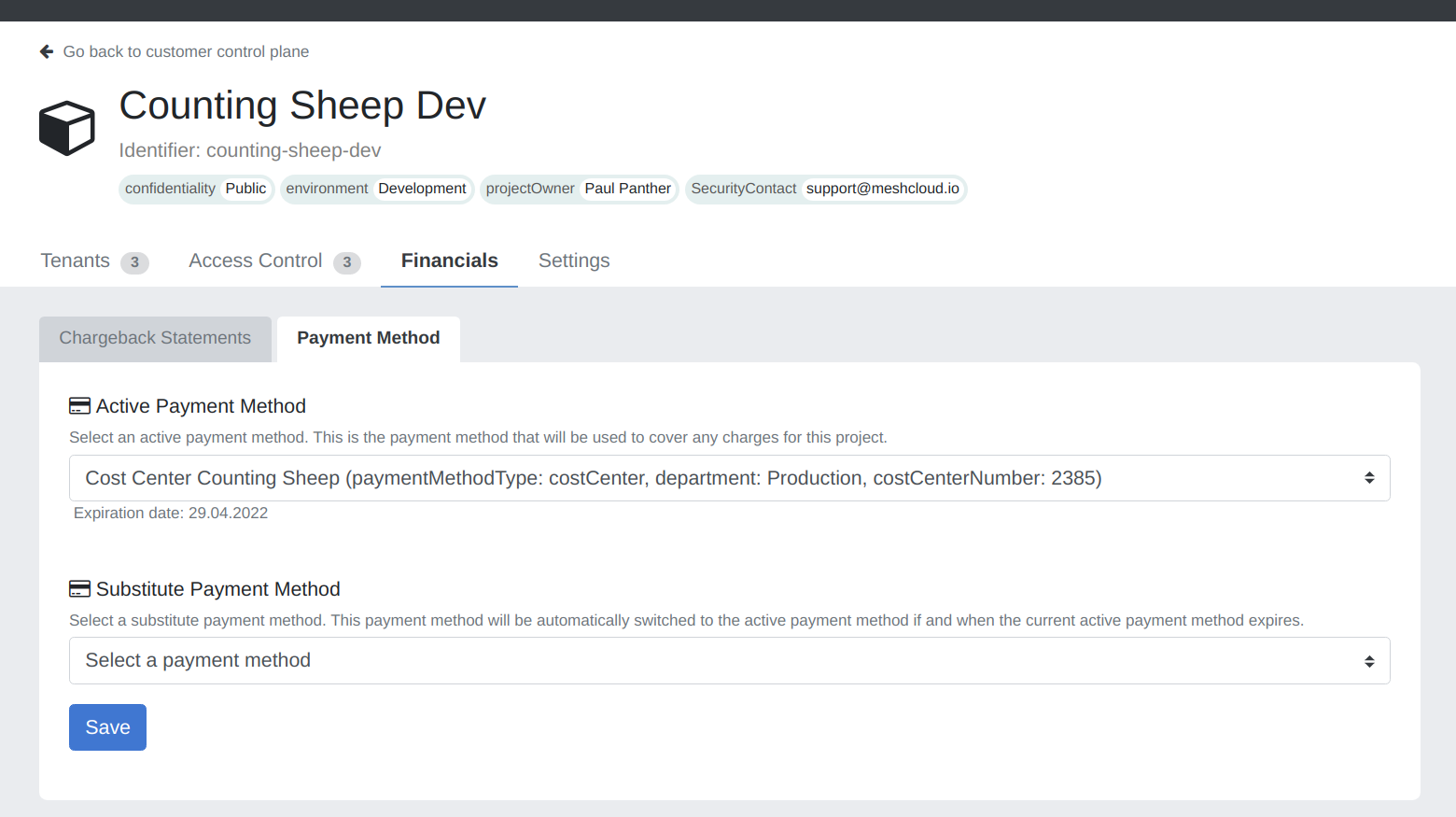 Set Payment Method in project control plane
