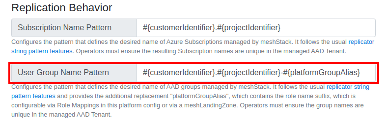 User Group Name pattern in the meshPlatform config