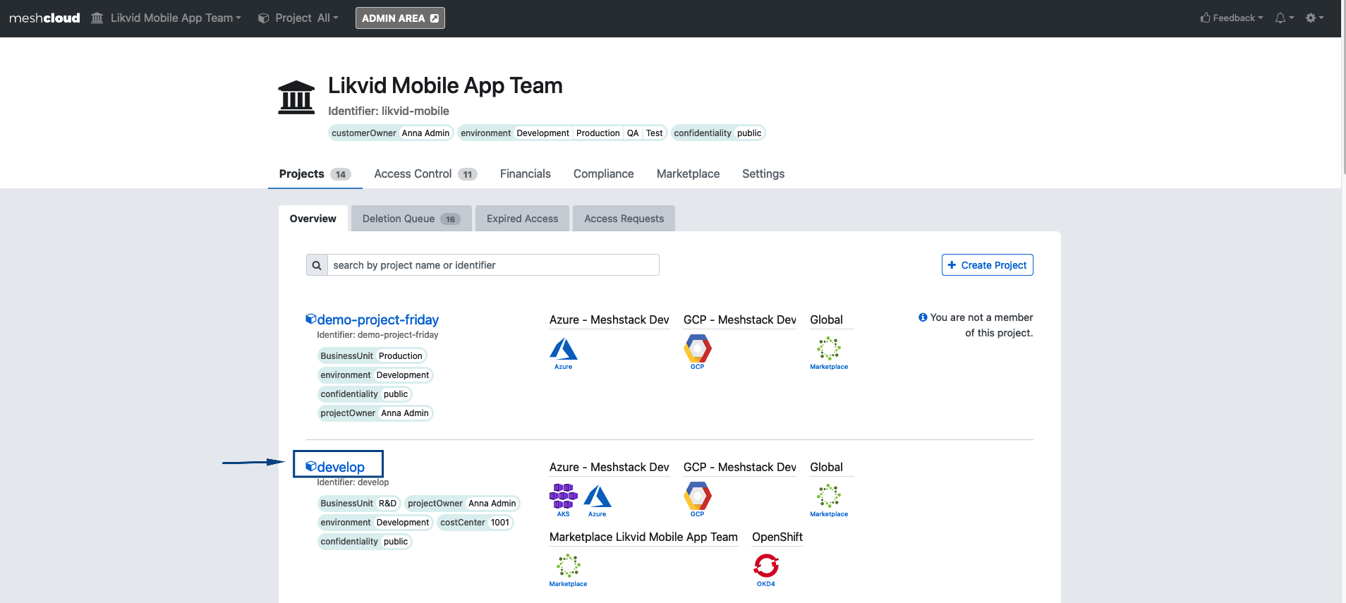 Select meshProject in meshWorkspace overview