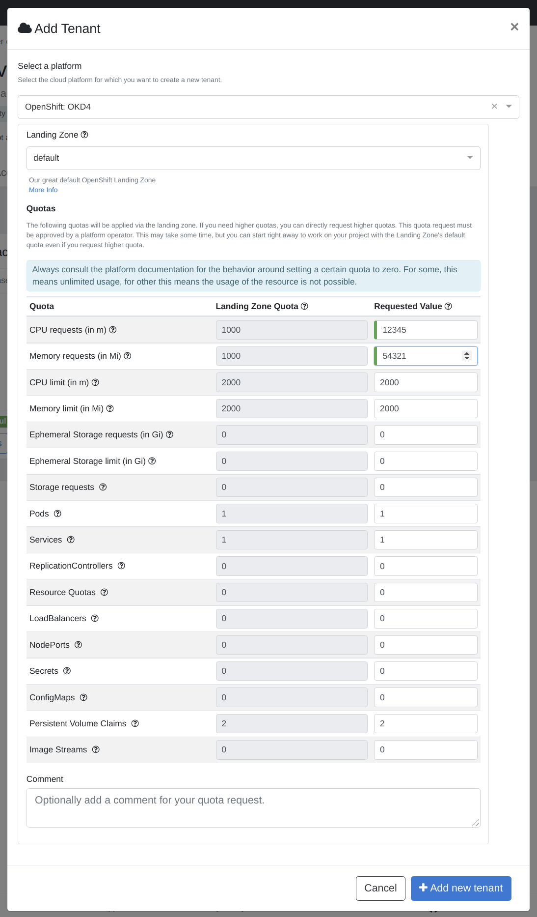 Create Tenant Quota Request